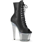 Pleaser SPECTATOR-1021RS Black Pu-Silver Rhinestone 7 Inch Heel, 3 Inch Textured Platform Peep Toe Ankle Boot, Side Zip